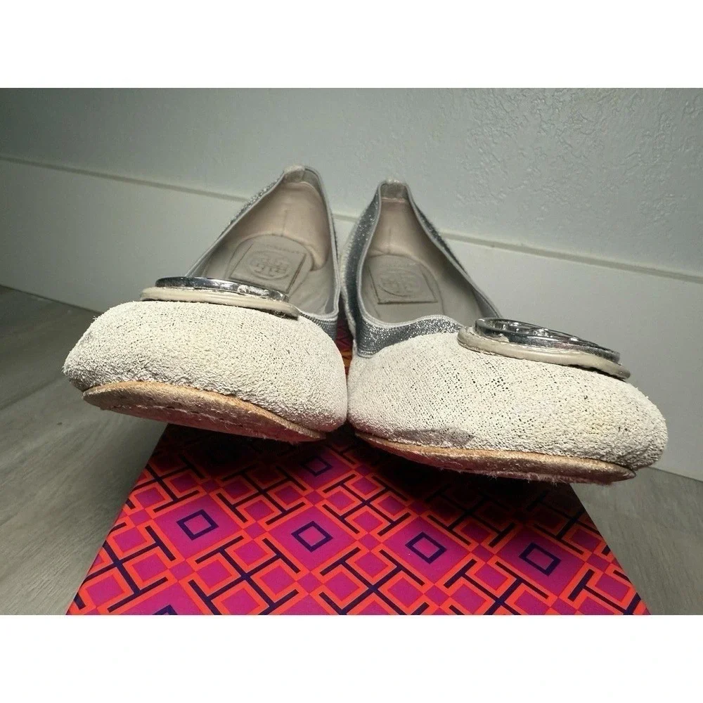 Tory Burch Ballet Flats White Glitter Embellished Logo Women Size 8M